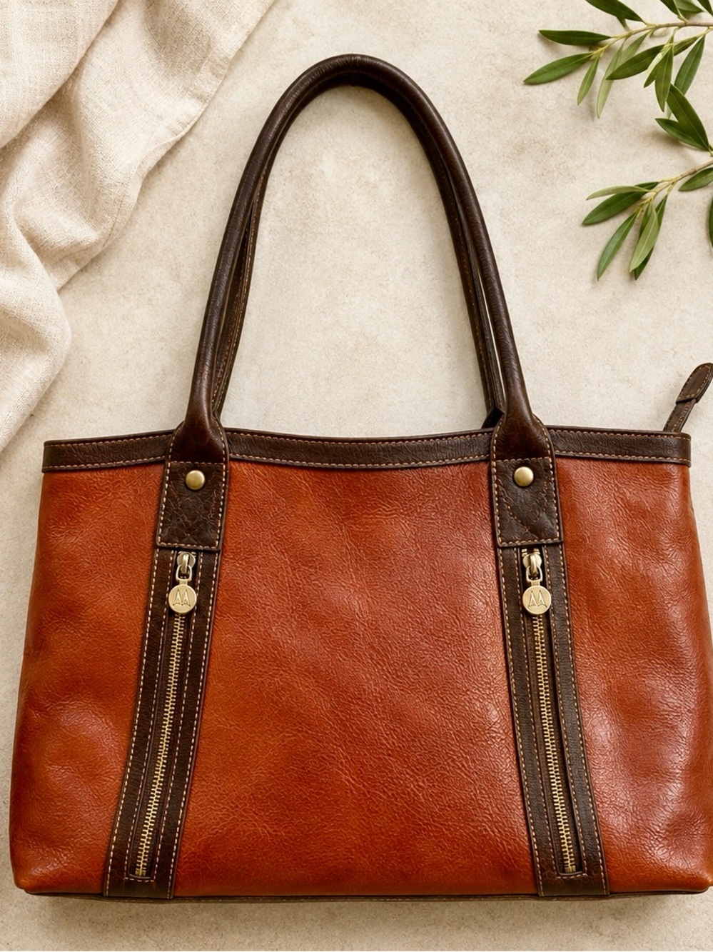 Vintage Y2K Italian Leather Tote Bag Cognac Brown Quiet Luxury Purse